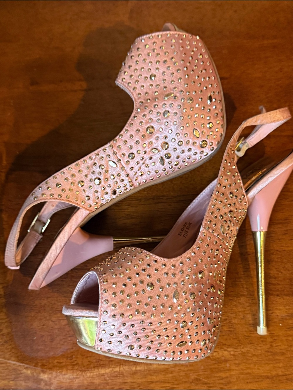 Sz. 7 Eloise Embellished Pink Peep-Toe Slingback Heels with Gold Stiletto